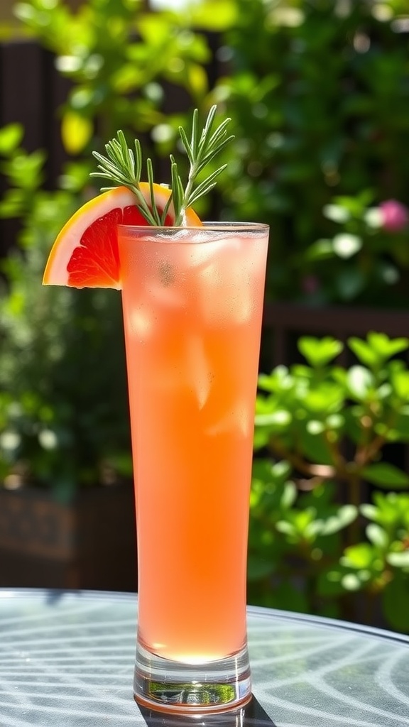 A vibrant pink Grapefruit Rosemary Gin Collins cocktail in a tall glass, garnished with rosemary and grapefruit slice on a sunny patio.